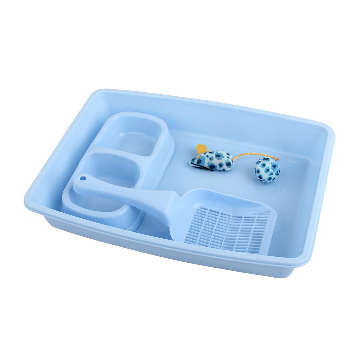 Cat Litter Box Set with Litter Scoop, Double Dish Cat Bowl, Mouse and Ball Toy M100660