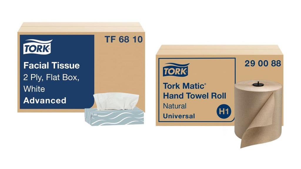Natural Paper Hand Towel Roll and White 2-Ply Facial Tissue F94582