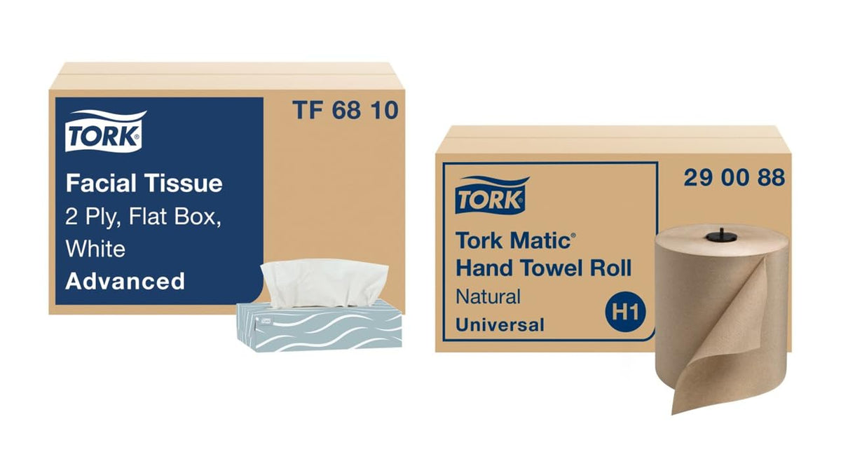 Natural Paper Hand Towel Roll and White 2-Ply Facial Tissue F94582
