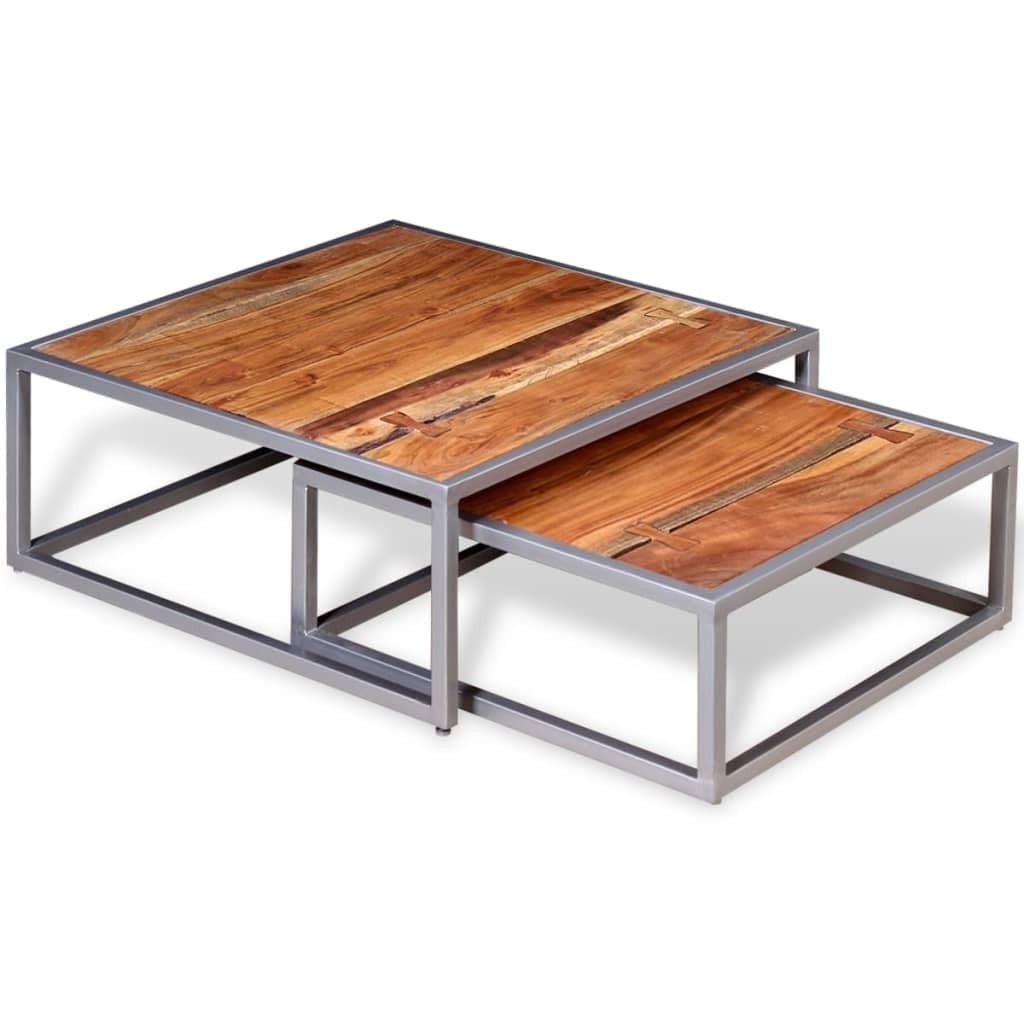 Solid Sheesham Wood Nesting Coffee Table Set with Iron Legs G14419