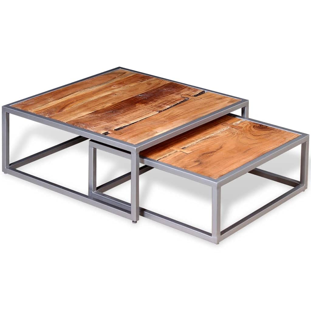 Solid Sheesham Wood Nesting Coffee Table Set with Iron Legs G14419