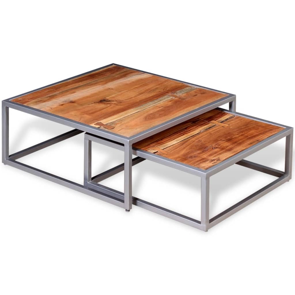 Solid Sheesham Wood Nesting Coffee Table Set with Iron Legs G14419