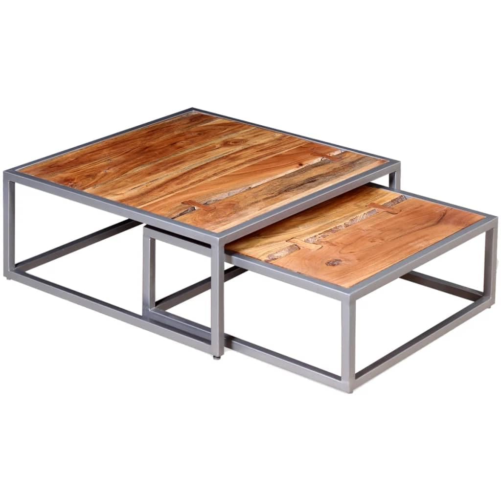 Solid Sheesham Wood Nesting Coffee Table Set with Iron Legs G14419