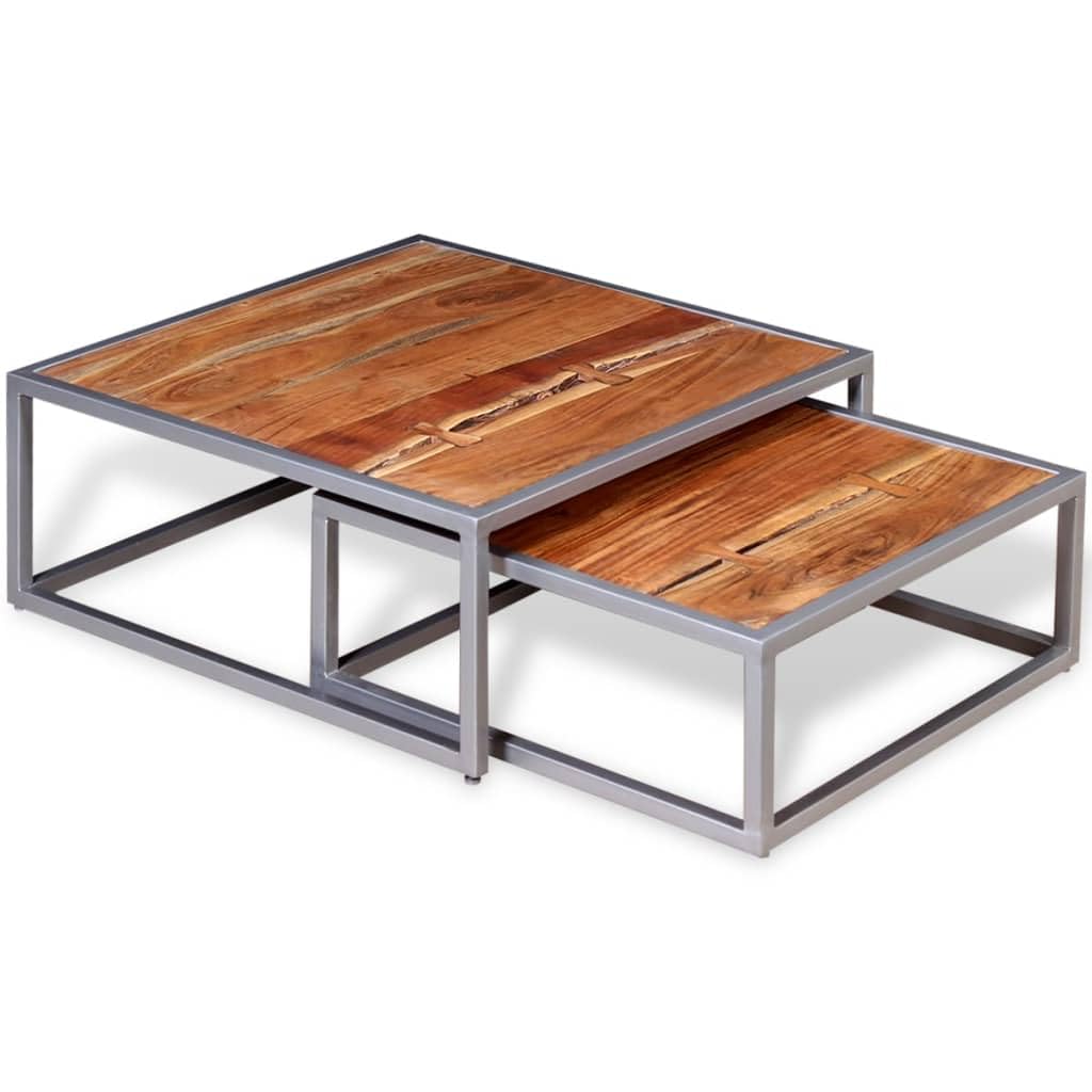Solid Sheesham Wood Nesting Coffee Table Set with Iron Legs G14419