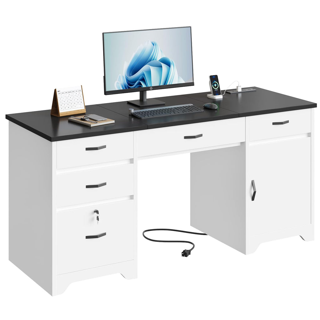 White Office Desk with Lockable Drawers and Charging Station X550920
