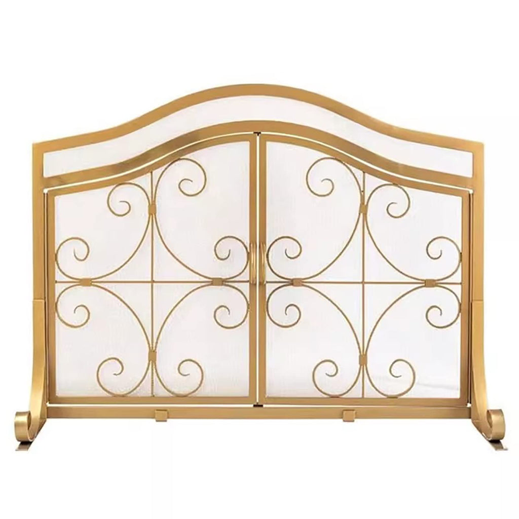 Gold Scroll Metal Fireplace Screen with 2 Doors T4172