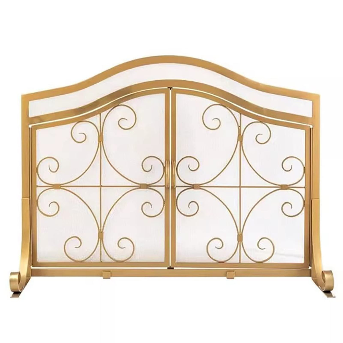 Gold Scroll Metal Fireplace Screen with 2 Doors T4172