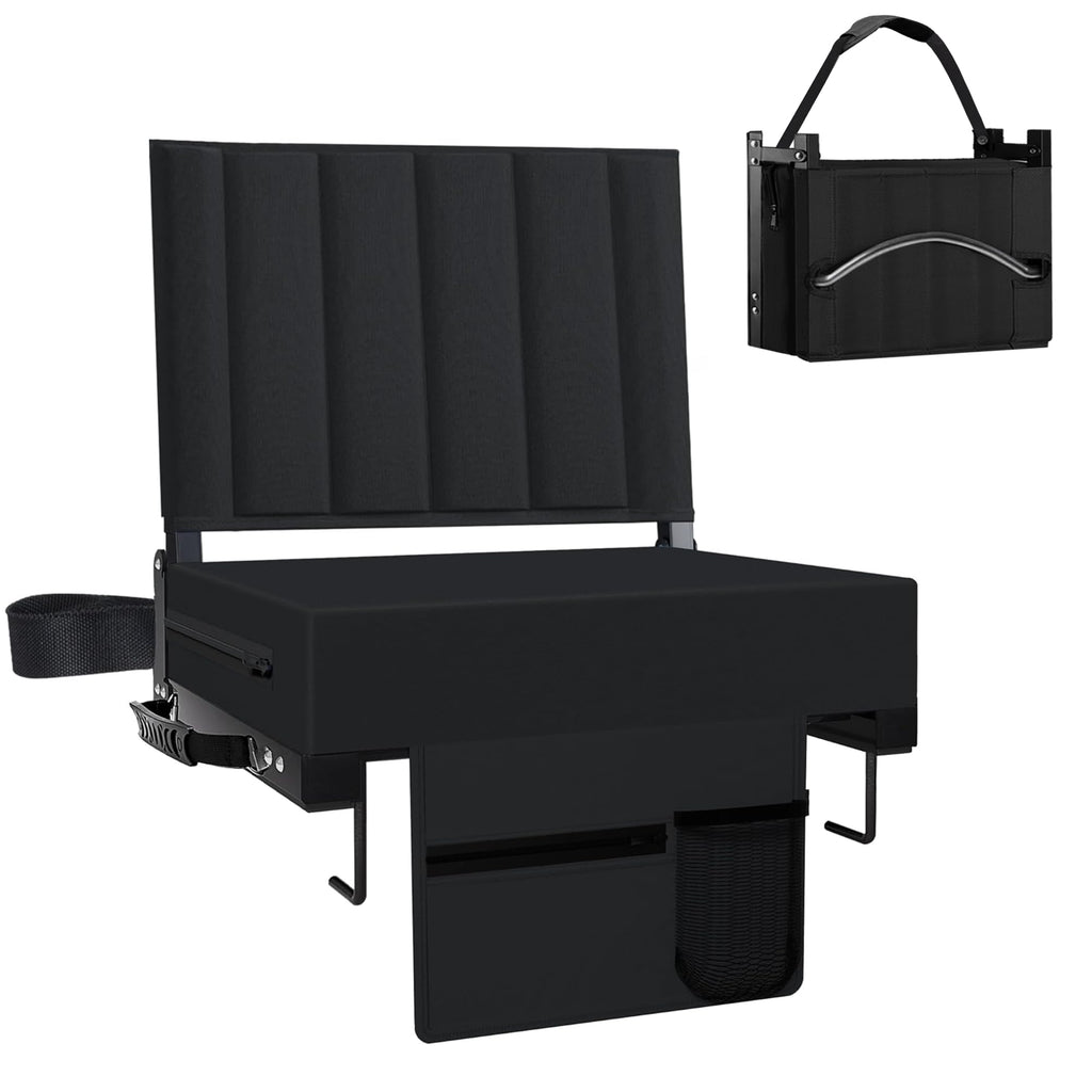 Black Padded Portable Folding Stadium Seat with Back Support and Cup Holder U101669