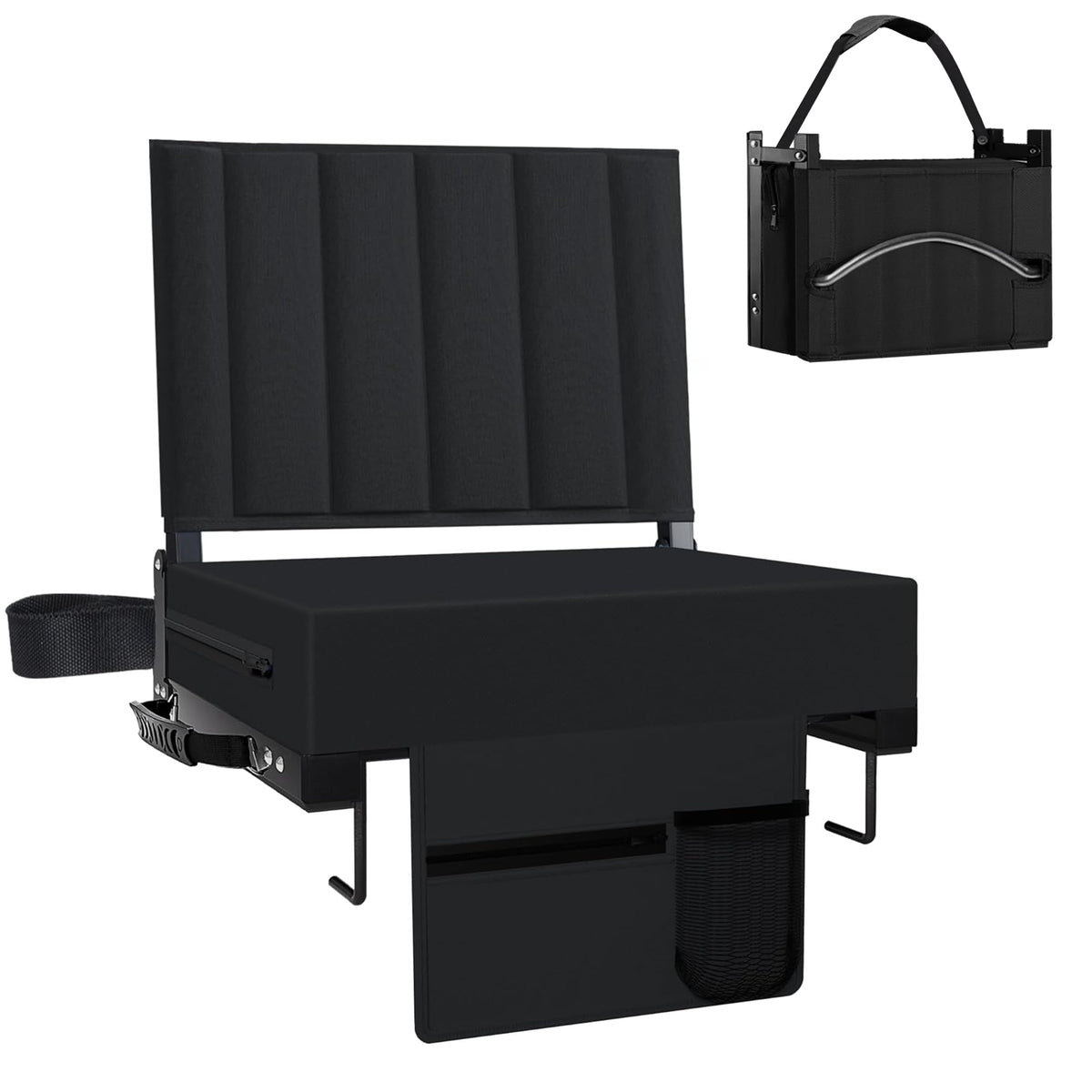 Black Padded Portable Folding Stadium Seat with Back Support and Cup Holder U101669