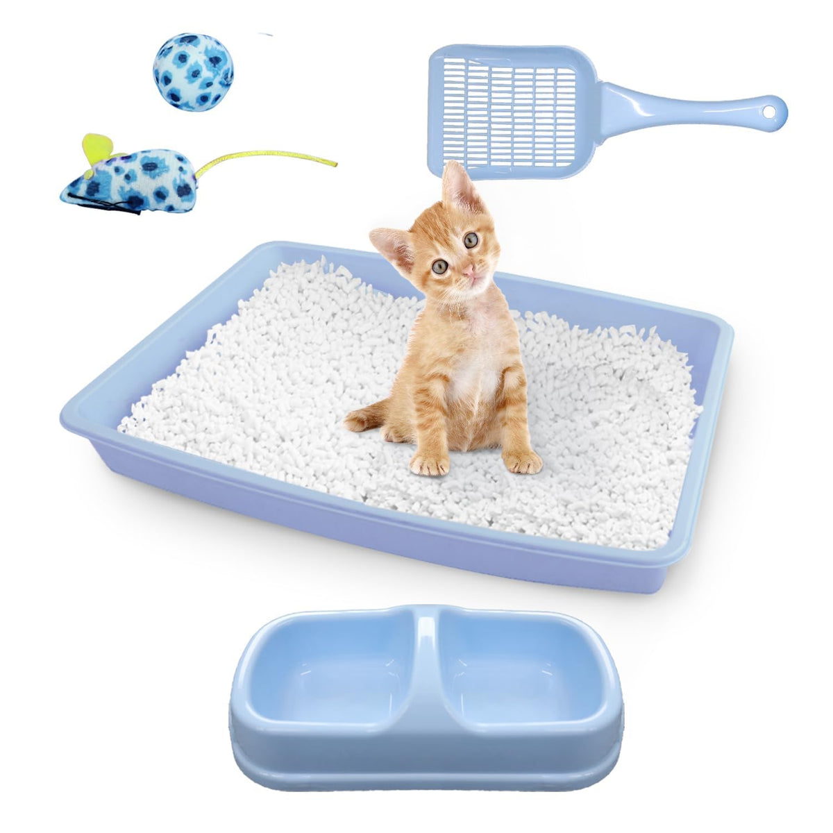 Cat Litter Box Set with Litter Scoop, Double Dish Cat Bowl, Mouse and Ball Toy M100660