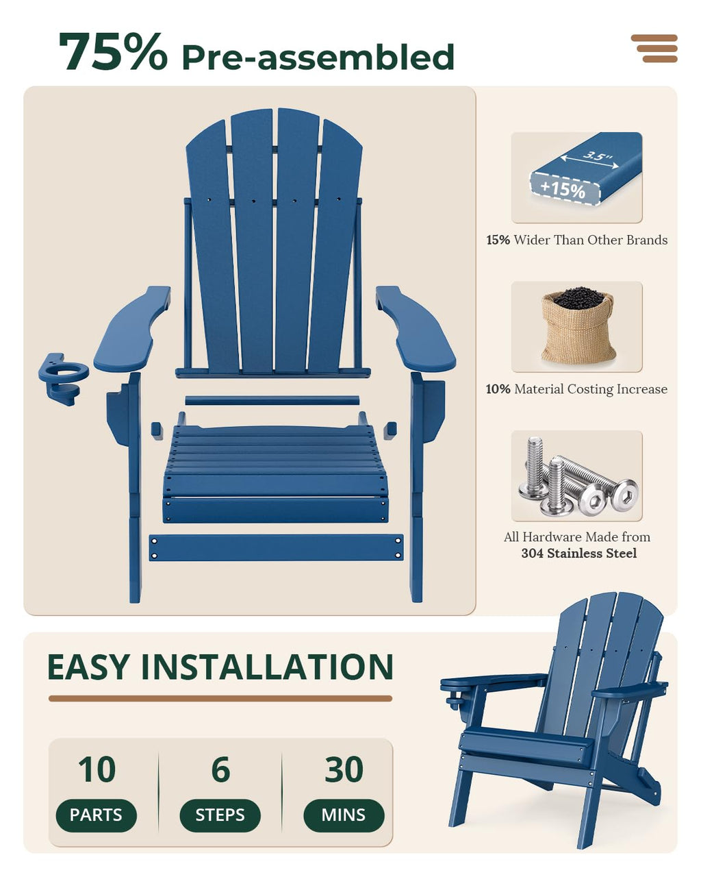 Folding Adirondack Chairs Set of 2 Blue HDPE U425