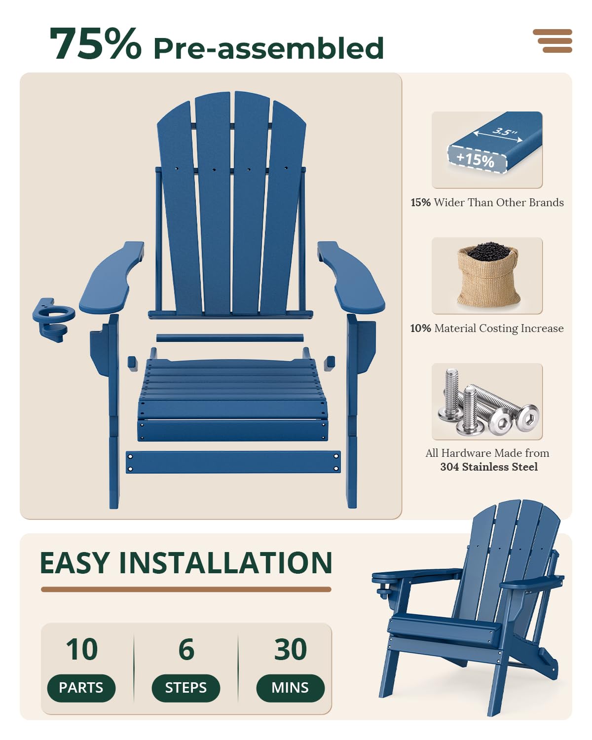 Folding Adirondack Chairs Set of 2 Blue HDPE U425