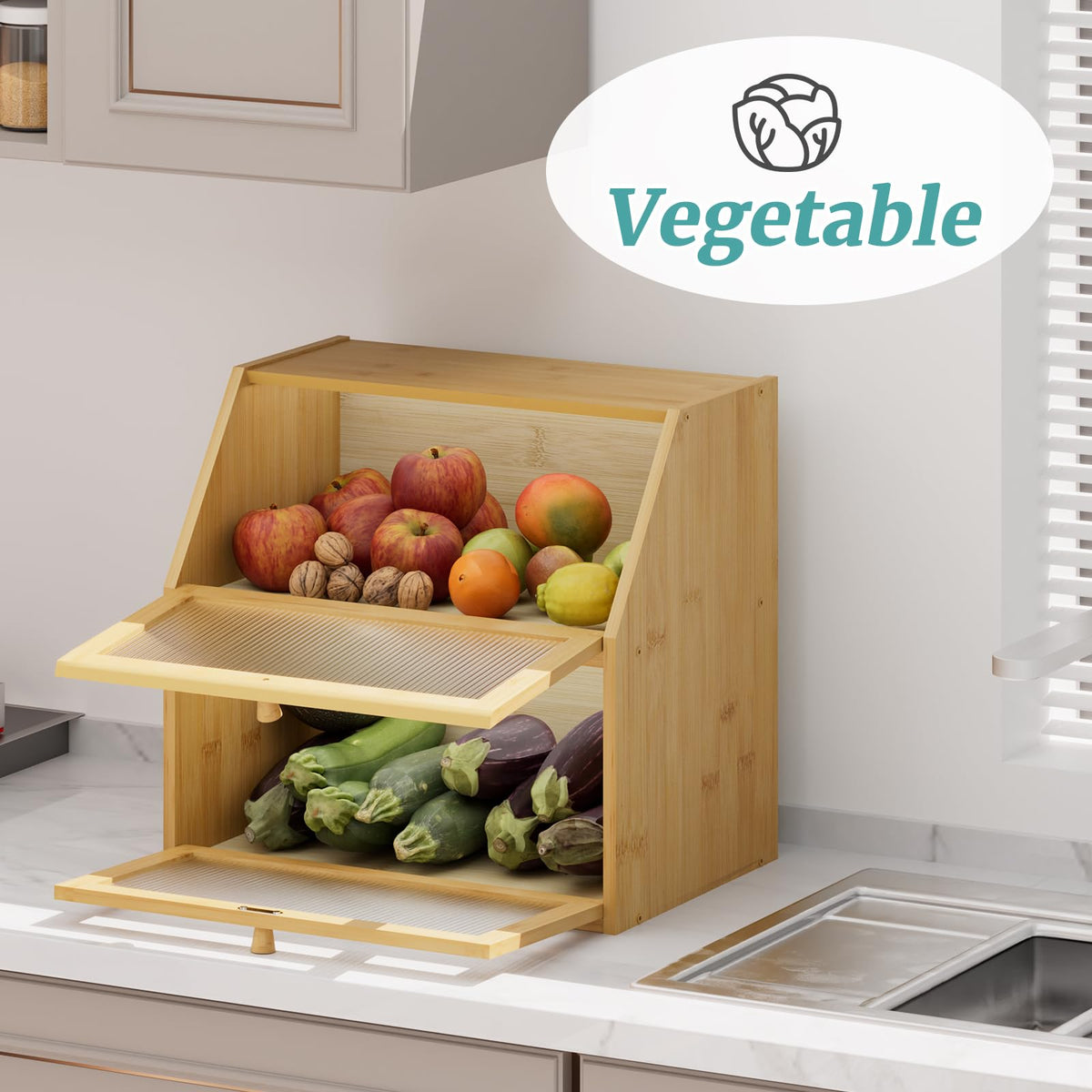 Extra Large Bamboo Wood Double Layer Bread Box G757296