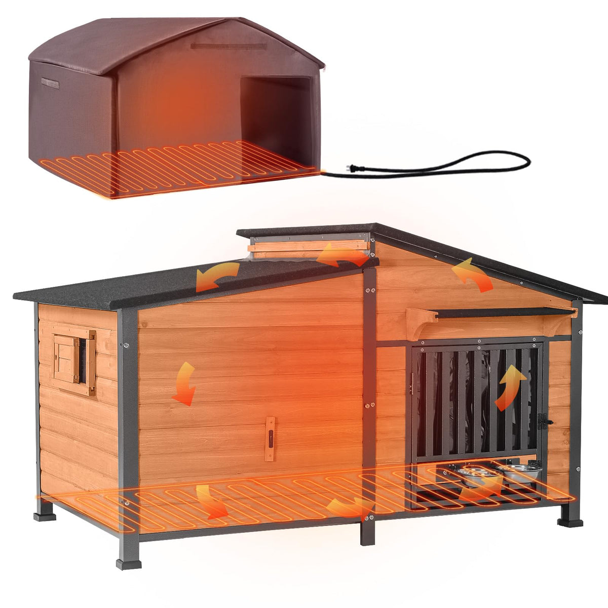 60" Heated Dog House with Heated Pad and Rotating Food Bowl Y4955