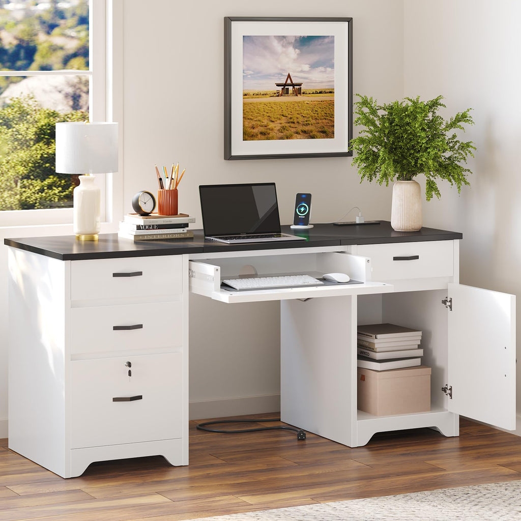 White Office Desk with Lockable Drawers and Charging Station X550920