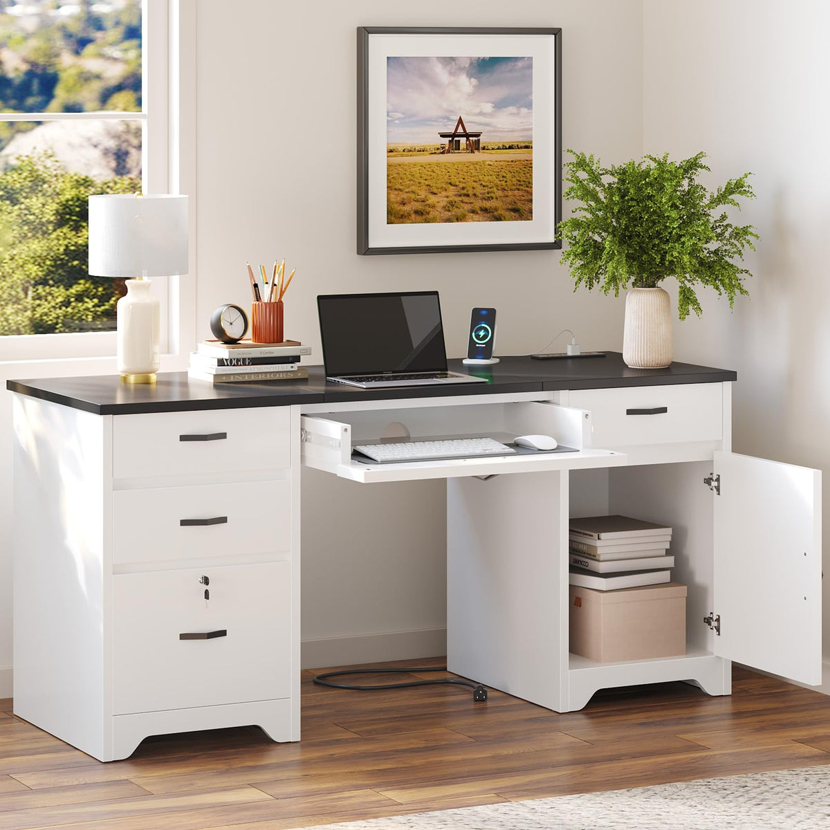 White Office Desk with Lockable Drawers and Charging Station X550920