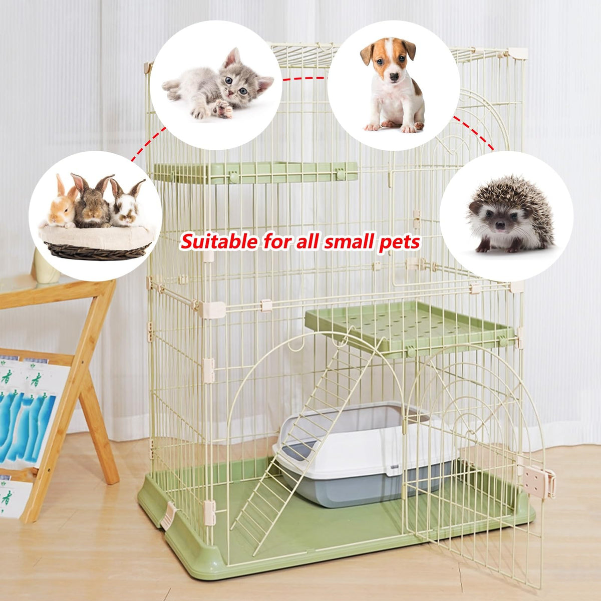 3/4-Tier Wire Cat Cage Playpen Kennel with Hammock and 3 Platforms Y651