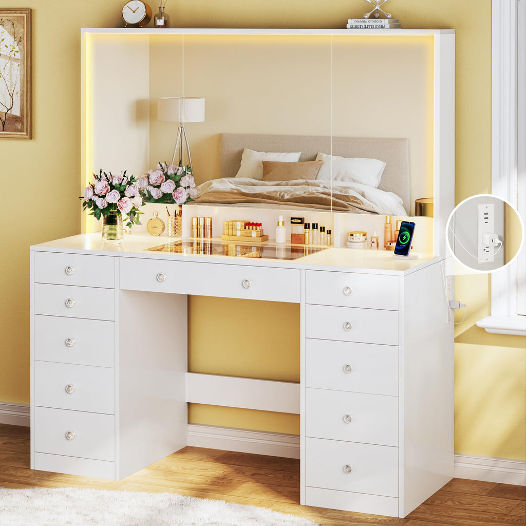 White Vanity Desk with Mirror and Lights K24252