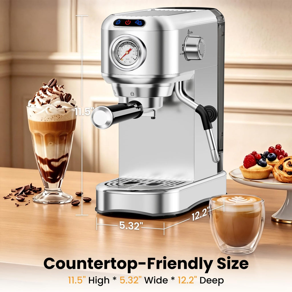 20 Bar Compact Stainless Steel Espresso Machine with Milk Frother Y547527