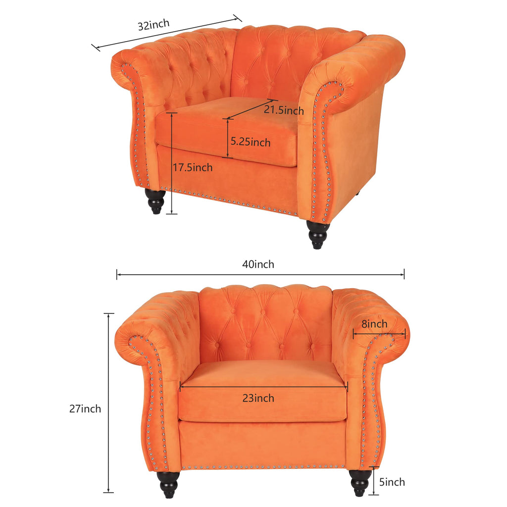 Orange Velvet Chesterfield Sofa Loveseat and Chair E3784