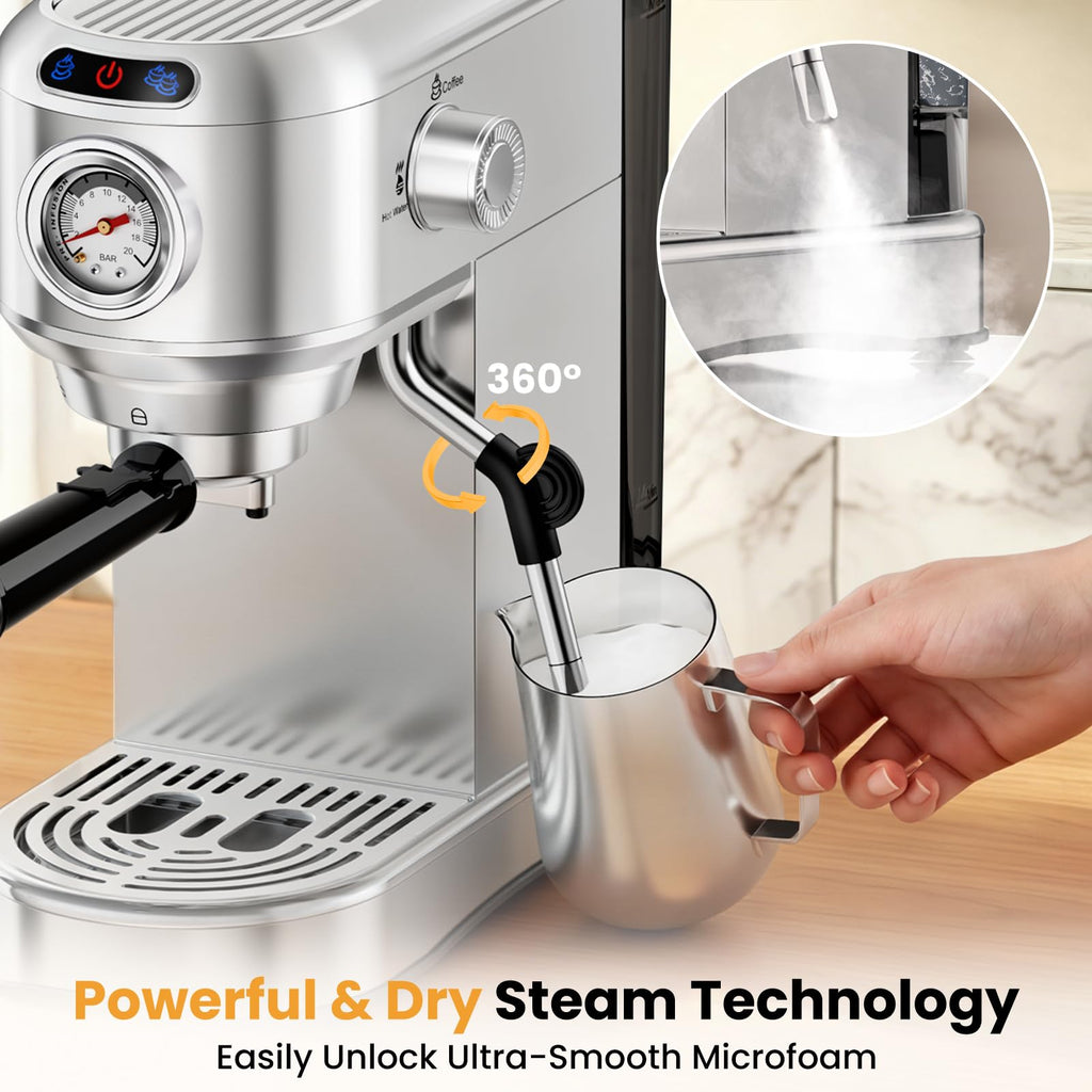 20 Bar Compact Stainless Steel Espresso Machine with Milk Frother Y547527