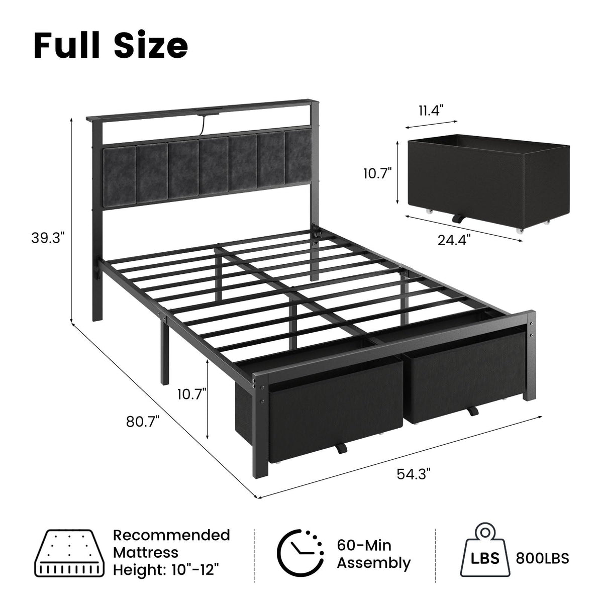 Full Size Bed Frame with Upholstered Headboard and 2 Storage Drawers I859490