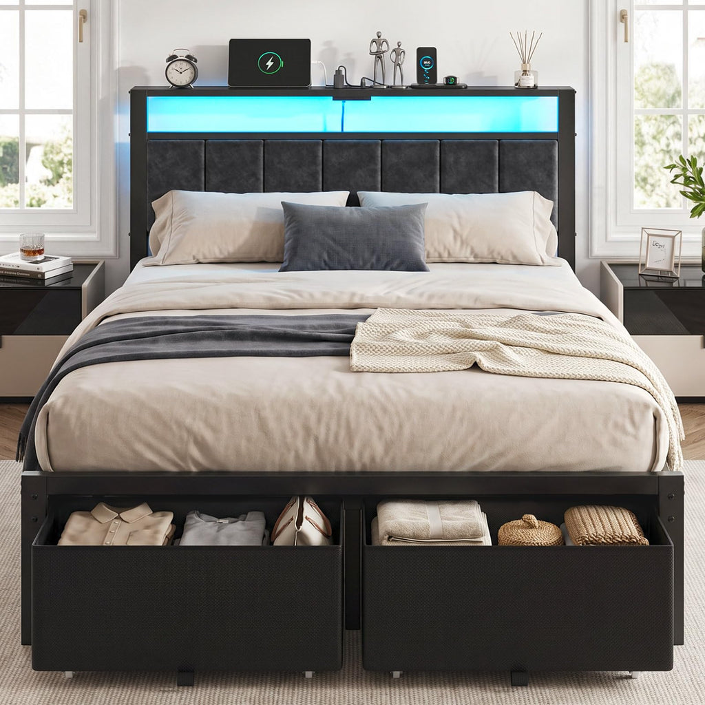 Full Size Bed Frame with Upholstered Headboard and 2 Storage Drawers I859490