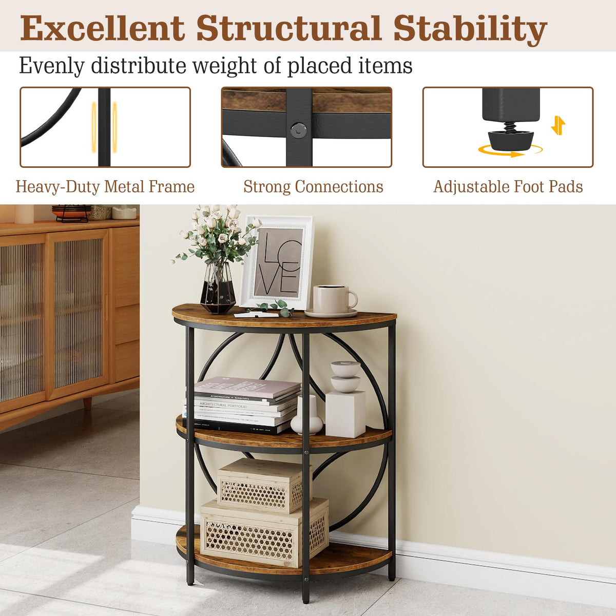 Half Round 3-Tier Sofa Side Table with Storage Shelves N975259
