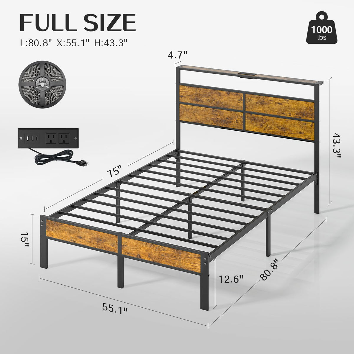 Full Size Platform Bed Frame with Charging Station Headboard and LED Lights M5716