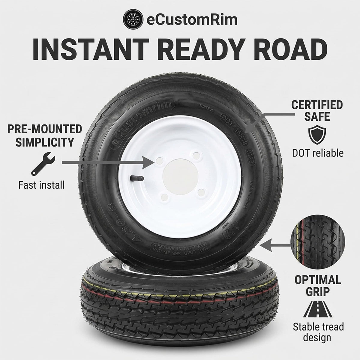 2-Pack Trailer Tire Rim Assembly 4.80-8 4 Lug White T780