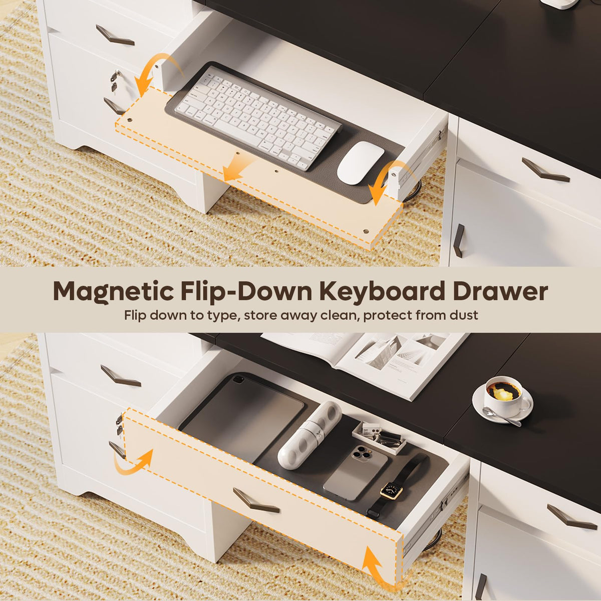 White Office Desk with Lockable Drawers and Charging Station X550920