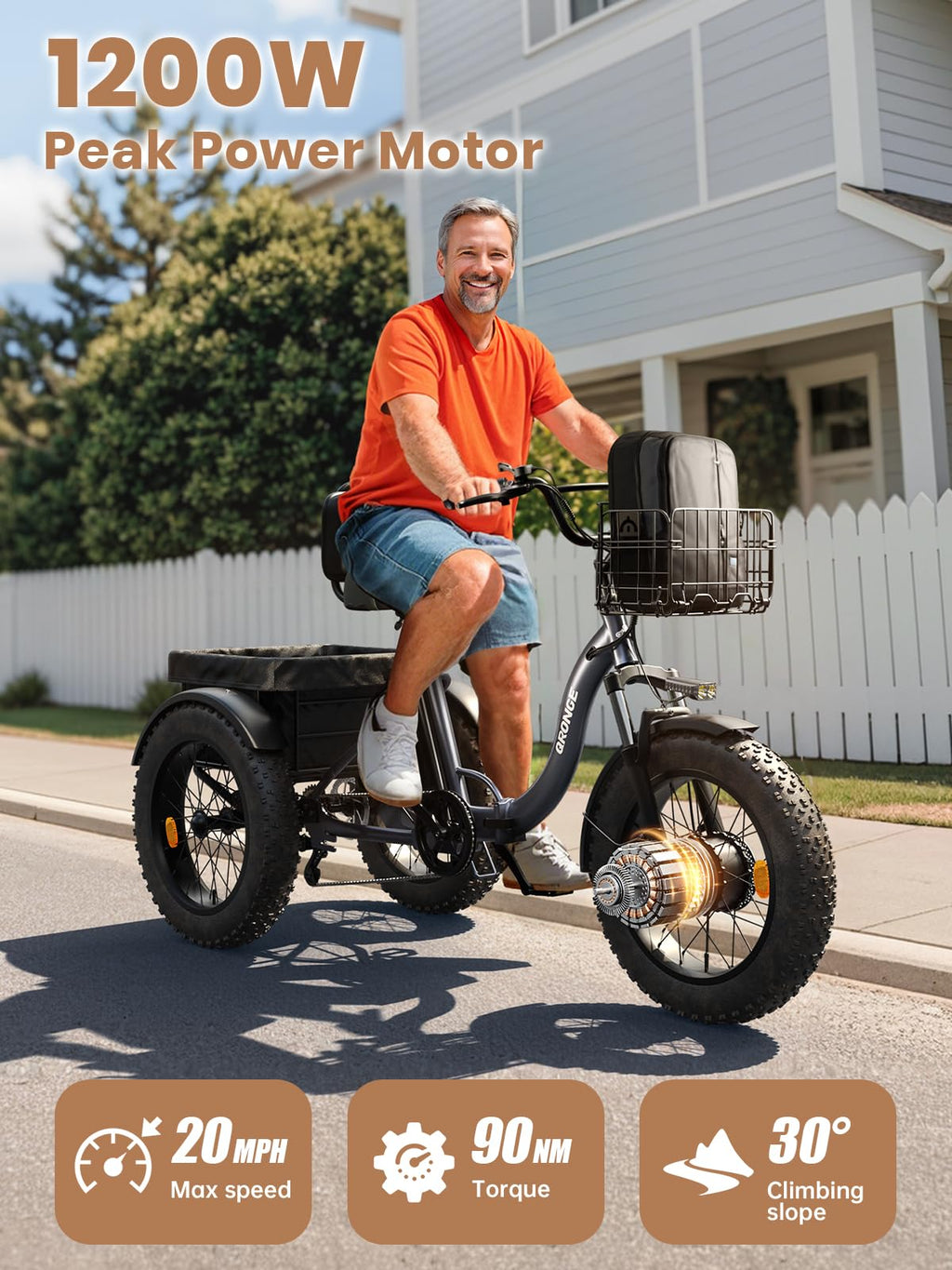 Electric Tricycle for Adults 1200W 36V 20AH Fat Tire Folding H620