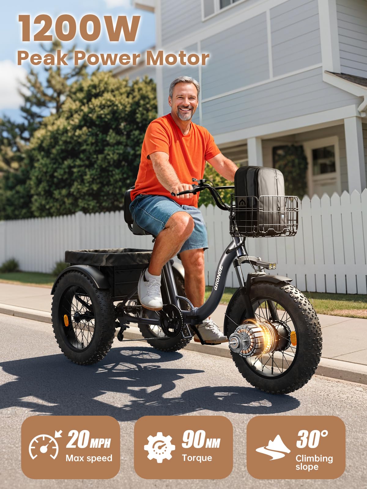 Electric Tricycle for Adults 1200W 36V 20AH Fat Tire Folding H620