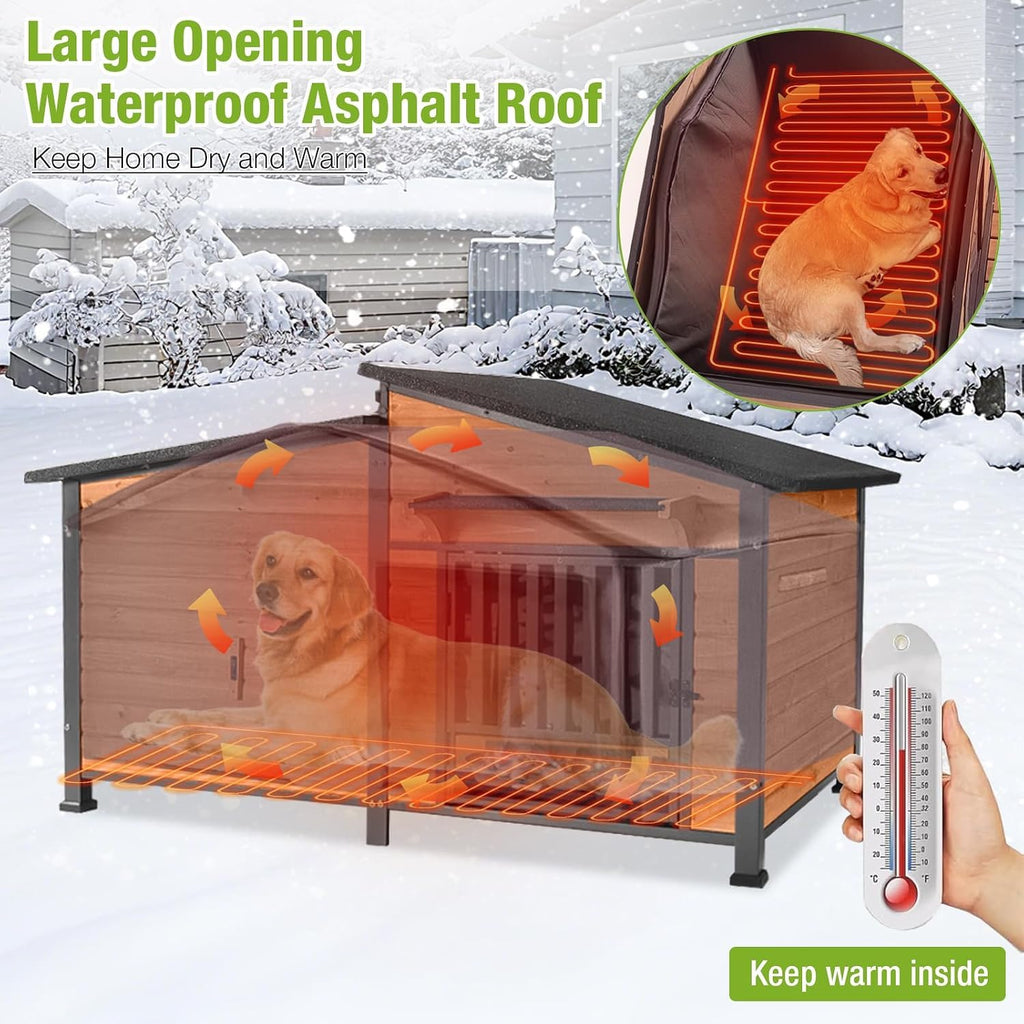 60" Heated Dog House with Heated Pad and Rotating Food Bowl Y4955