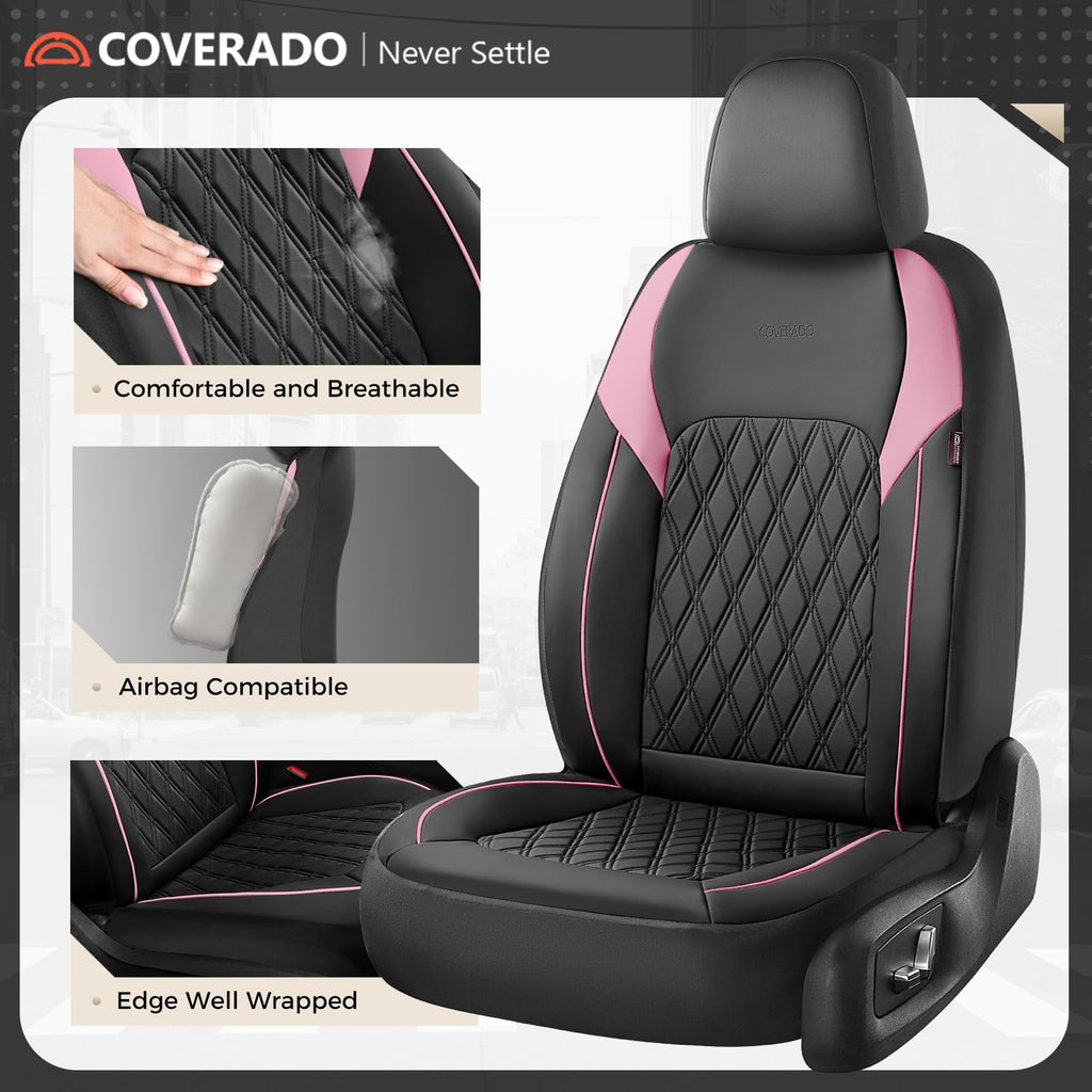 Black Pink Faux Leather Car Seat Covers Full Set N22137