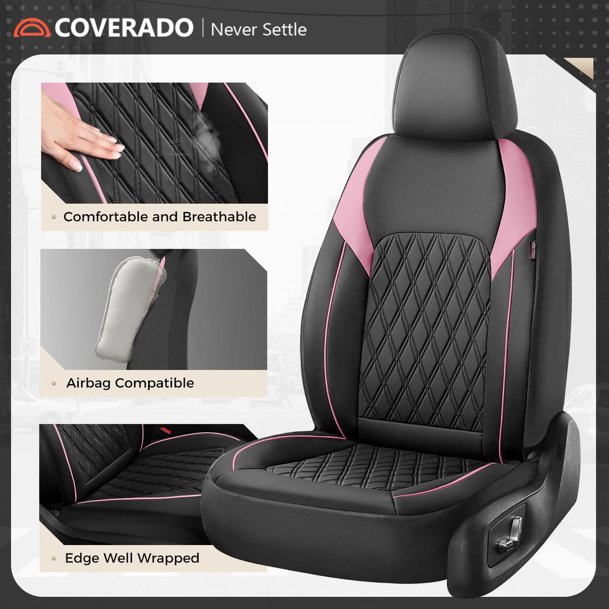 Black Pink Faux Leather Car Seat Covers Full Set N22137
