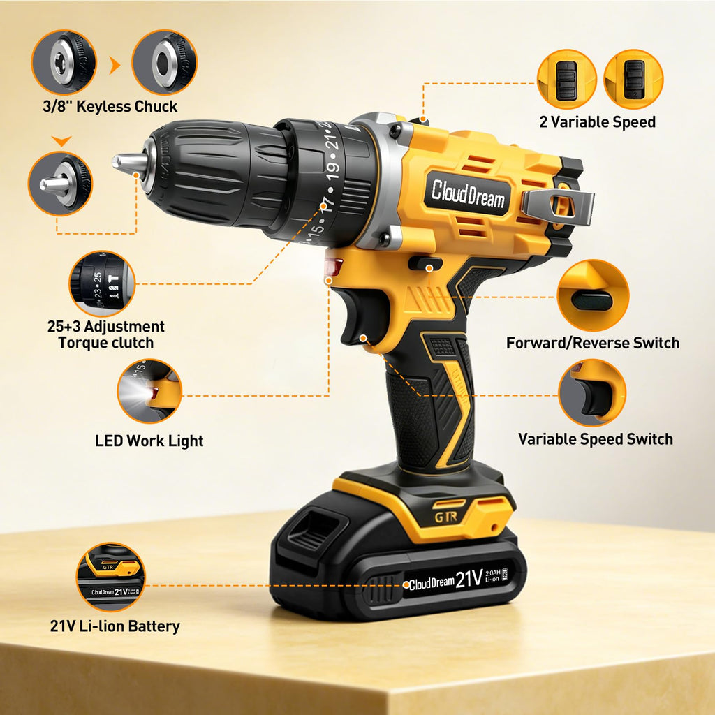 21V Cordless Drill Set with 2 Batteries and Charger D971
