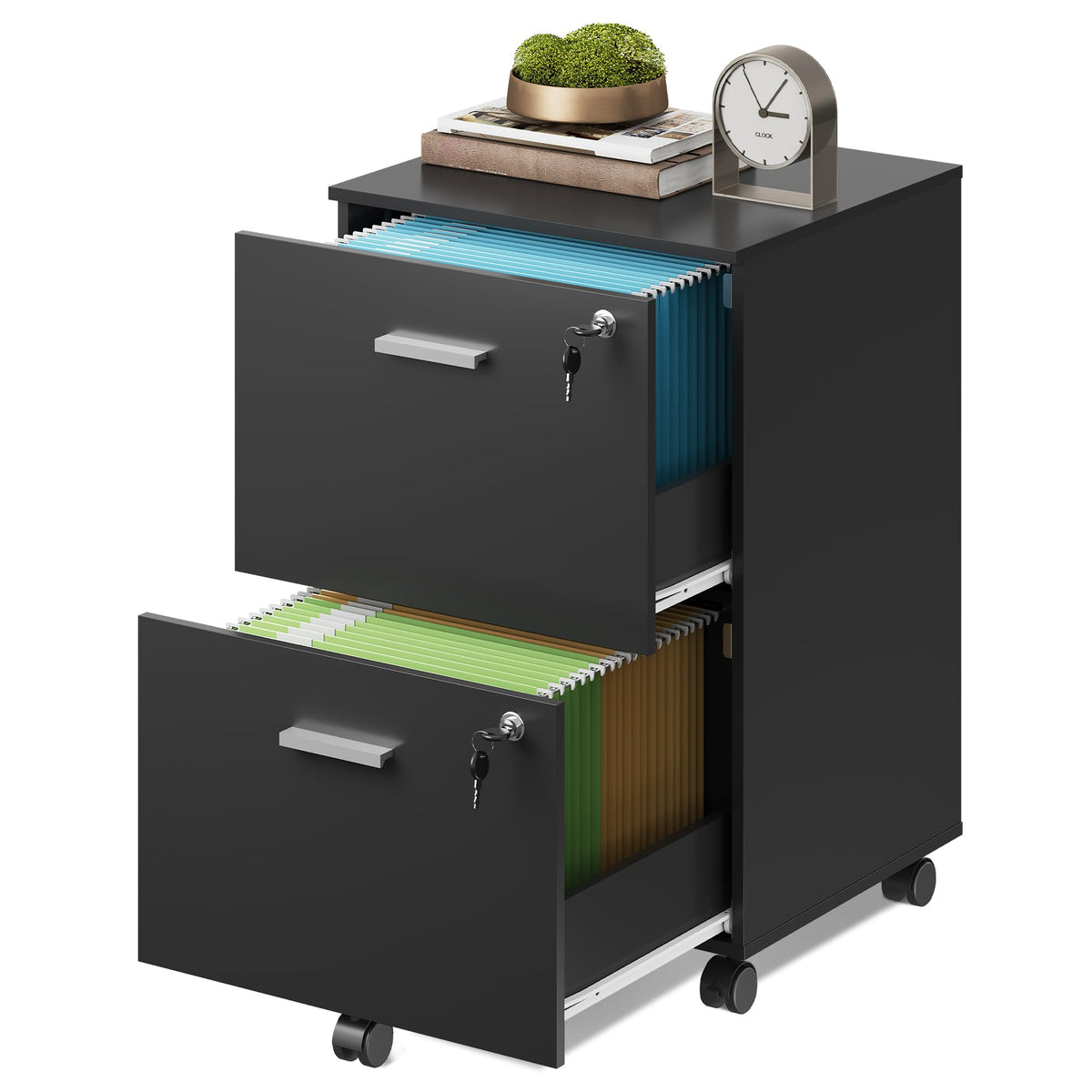 2 Drawer Wood File Cabinet with Lock, Black O894