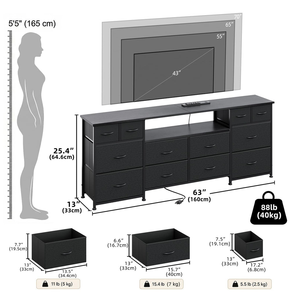 63 Inch 12 Drawer Black Dresser T154586