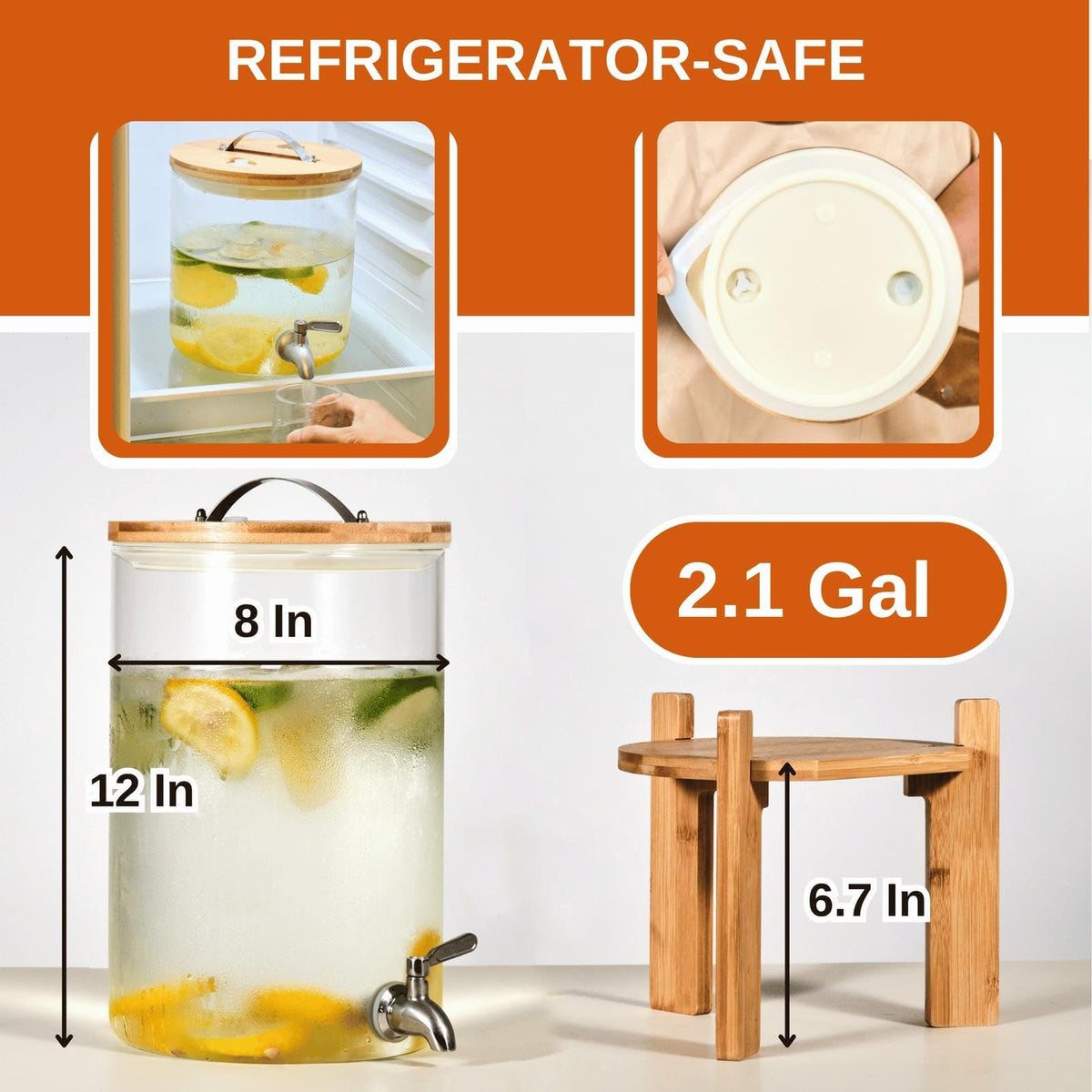 2.1 Gallon Glass Beverage Dispenser with Bamboo Stand and Spigot L9816