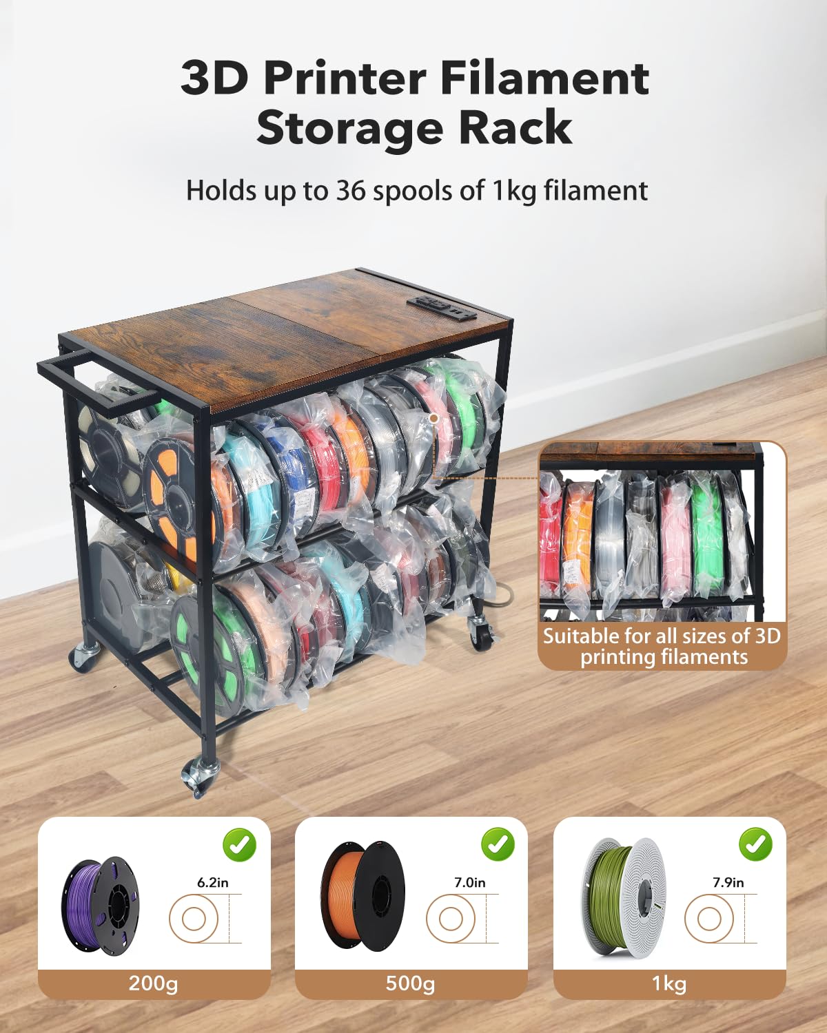 Heavy Duty Rolling 3D Printer Stand with Filament Storage V59817