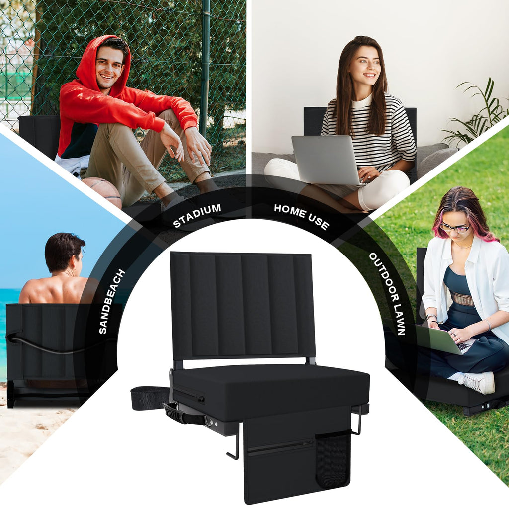 Black Padded Portable Folding Stadium Seat with Back Support and Cup Holder U101669