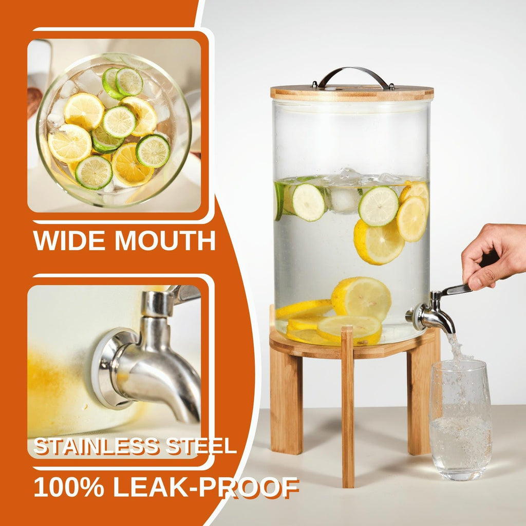 2.1 Gallon Glass Beverage Dispenser with Bamboo Stand and Spigot L9816