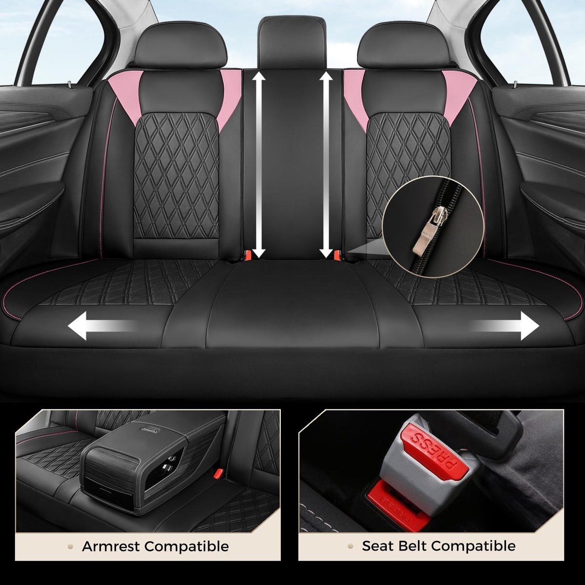 Black Pink Faux Leather Car Seat Covers Full Set N22137