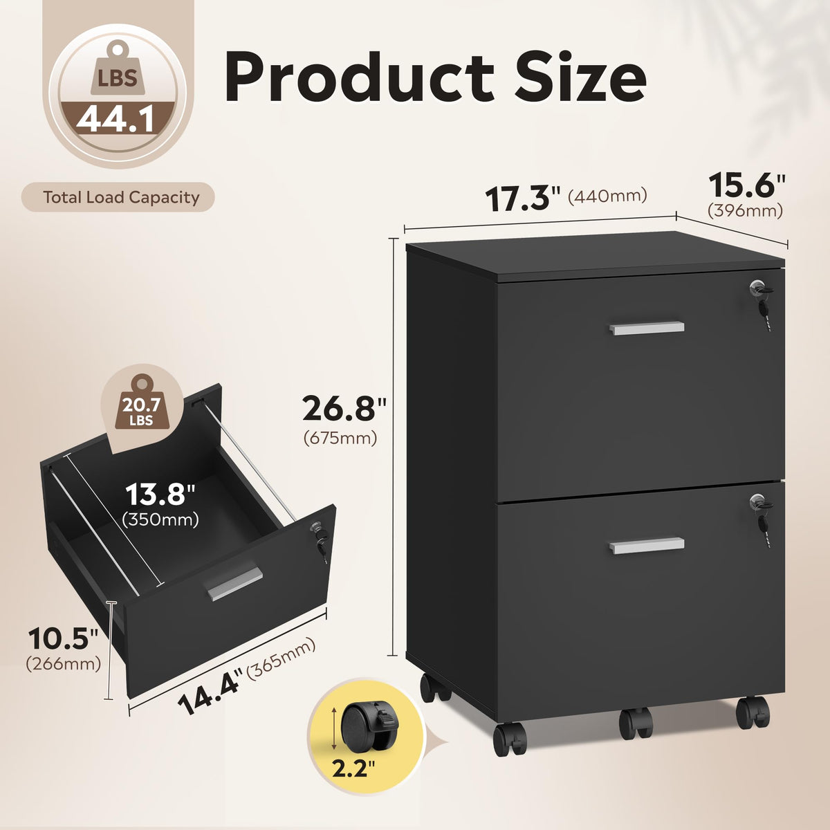 2 Drawer Wood File Cabinet with Lock, Black O894