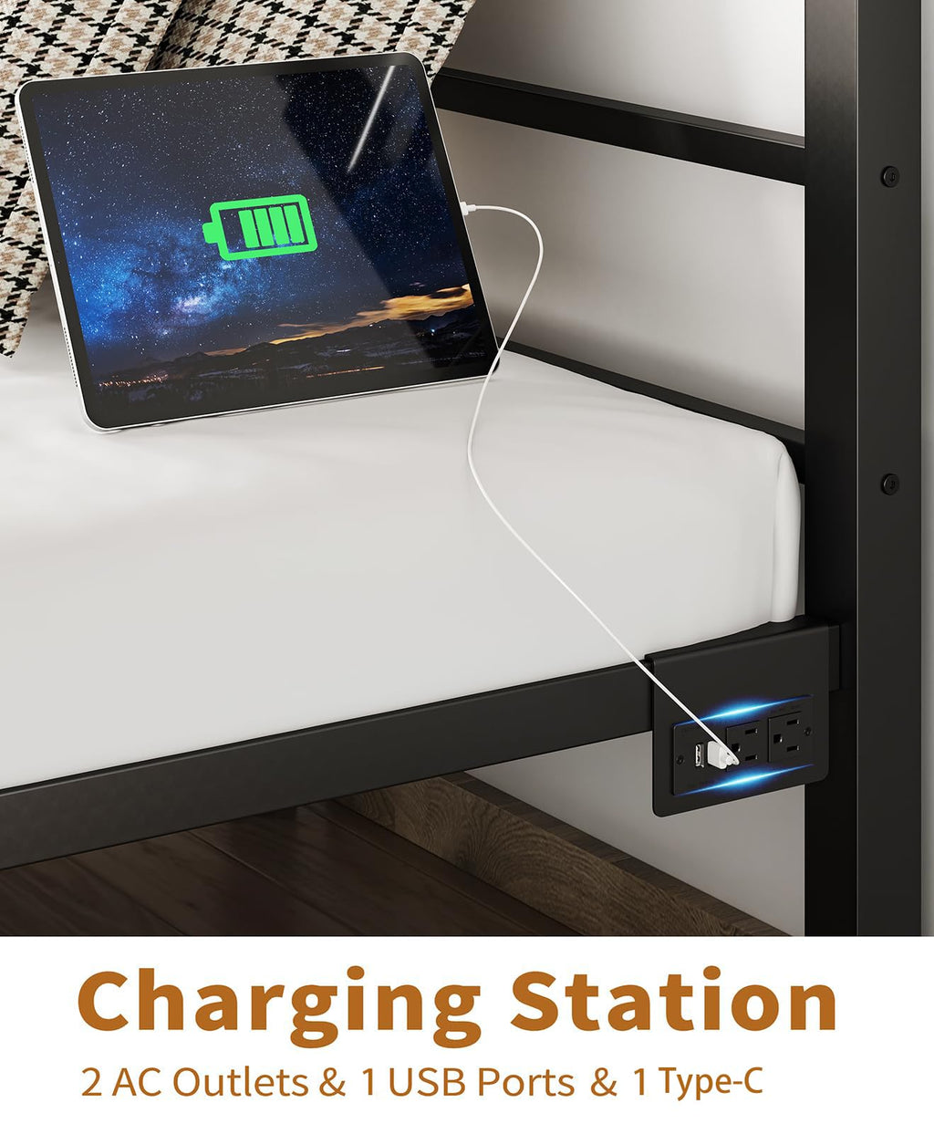 Black Twin Bed Frame with LED Lights and Charging Station J9344