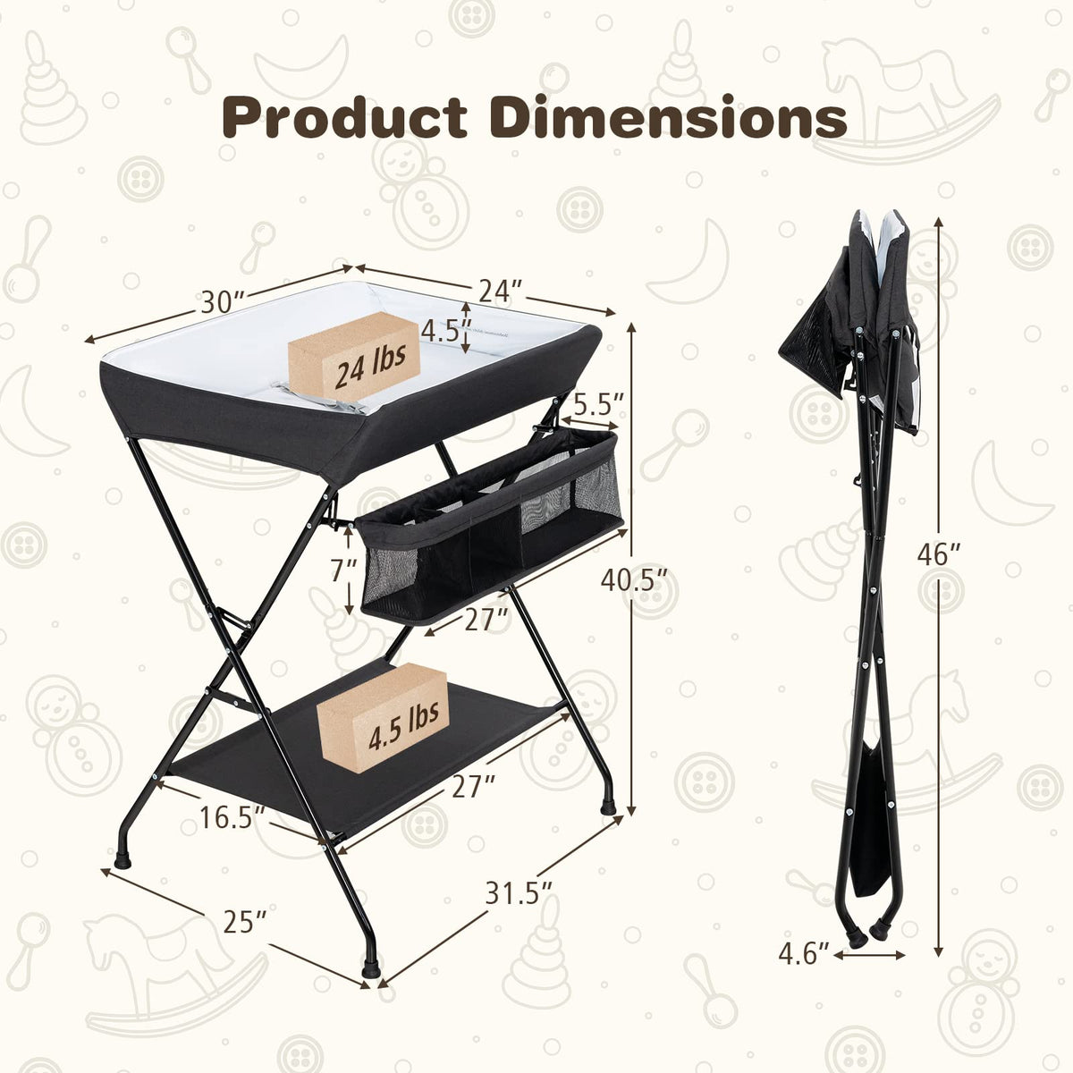Portable Baby Changing Table with Safety Belt Black L8378