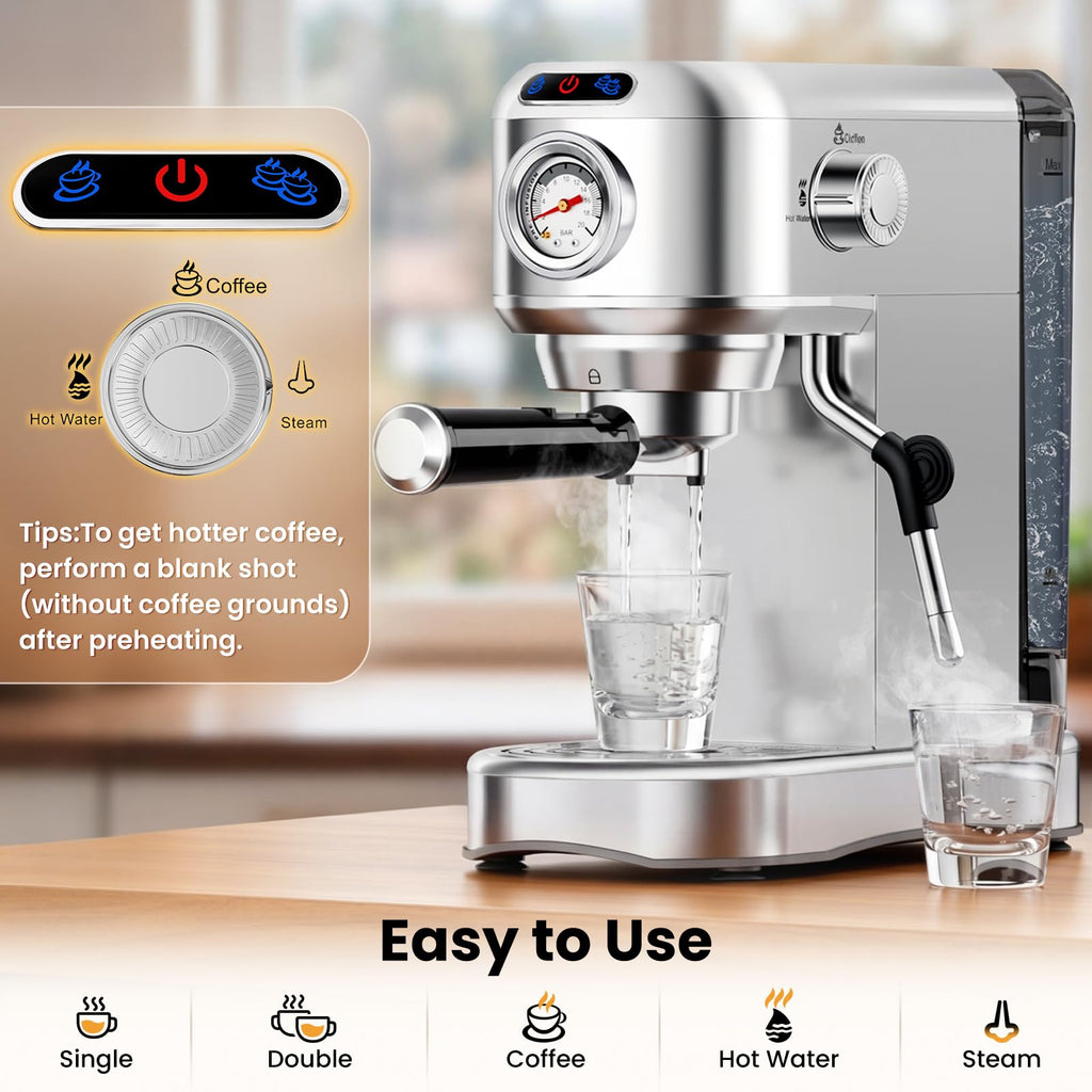 20 Bar Compact Stainless Steel Espresso Machine with Milk Frother Y547527