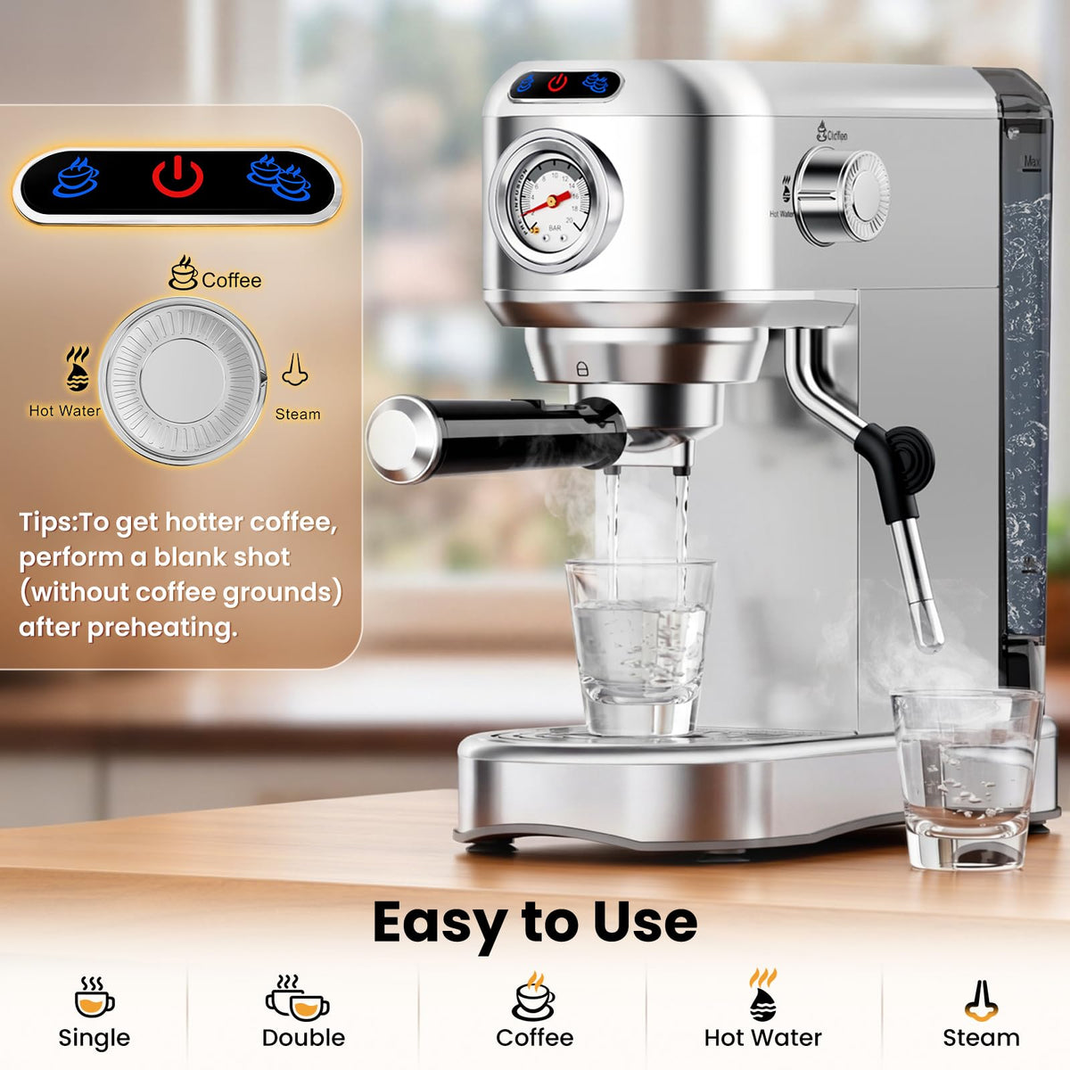 20 Bar Compact Stainless Steel Espresso Machine with Milk Frother Y547527