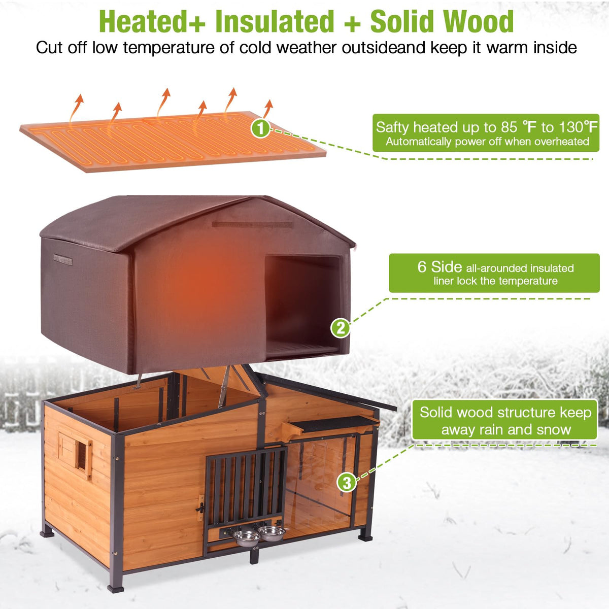 60" Heated Dog House with Heated Pad and Rotating Food Bowl Y4955